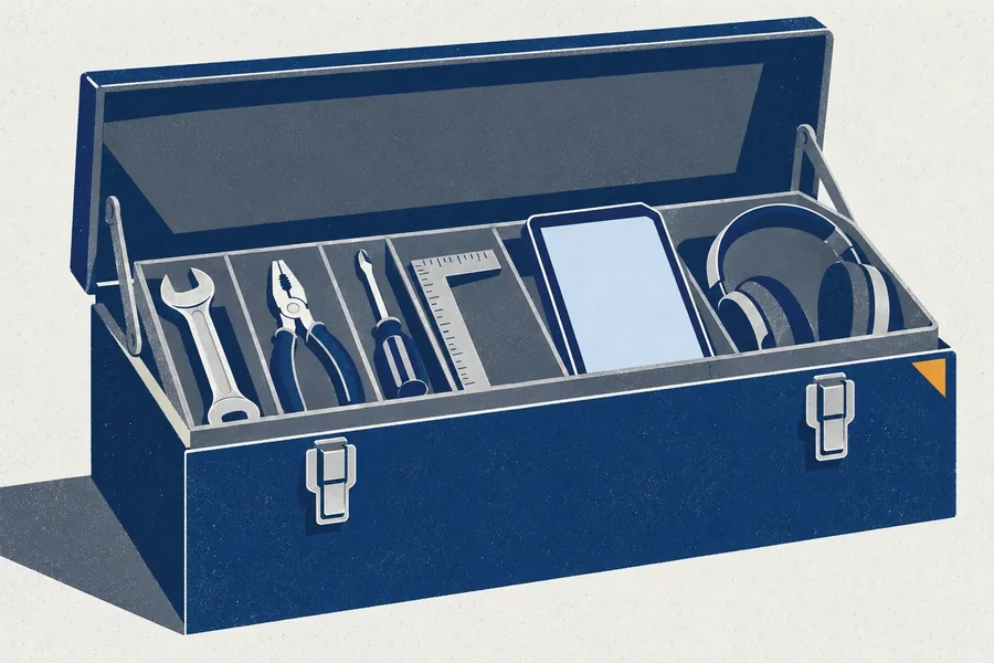 An open toolbox with hand tools, a tablet, and a headset.